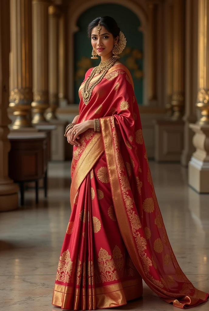 Create a tamil bridal kancheepuram silk saree reception look for tan skin brides with pear body shape
