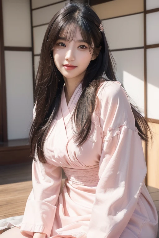 (SFW: 1.4)), ((Detailed face, professional photography)), ((SFW, likequeen dress pinkbara, 1 girl)), super high resolution, (actual : 1.4), Original photo, Best quality, (Photo actual Stick), Focus, Soft light, (()), ((Japanese)), (( (Young face))), (Surface ), (depth of field), masterpiece, (actual), lady, bangs, ((1 girl)) logo hair with smile face full body pant sitting on gaming chear