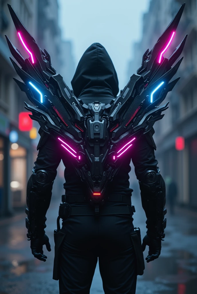 A man stands with his back to the viewer, dressed in futuristic tactical gear. His outfit is a blend of modern armor designs and high-tech elements, primarily in black, with accents of purple, silver, neon blue, and red. On his back, he has mechanical wings made of gleaming metal, adorned with neon lights that glow in blue and red. The wings are intricately designed, with a touch of futuristic technology. The man is wearing a hood pulled low over his head, keeping his face hidden in shadow. The scene is dark and mysterious, with a slight futuristic glow from the neon lights