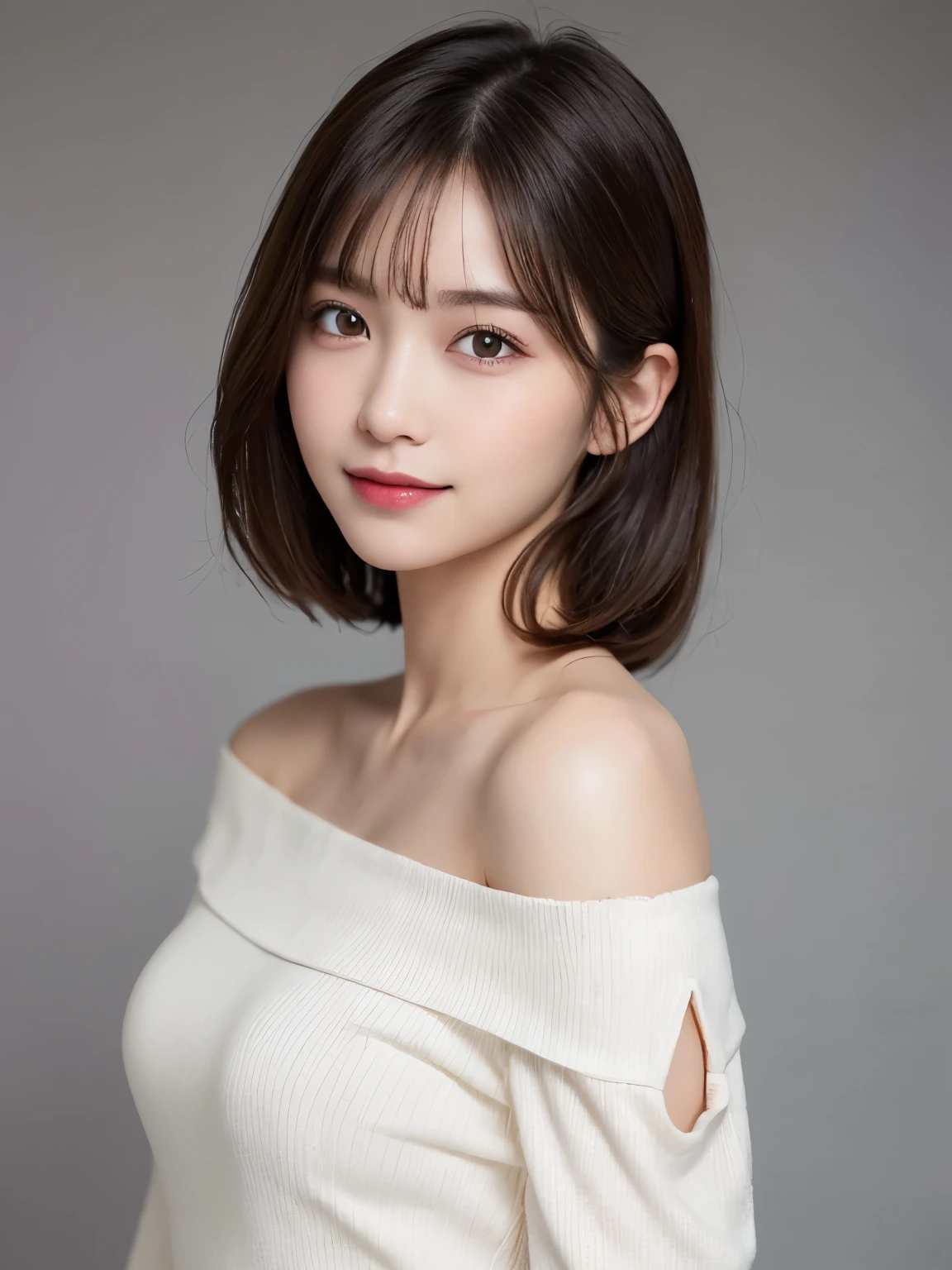 silver background, full body portrait, looks very happy, smile, one girl, (a beauty girl, delicate girl:1.3), (20 years old:1.3), (off white off shoulder dress), very fine eyes, (symmetrical eyes:1.3), C cup breasts, brown eyes, parted bangs, short hair, (eyes and faces with detailed:1.0), (masterpiece, best quality, ultra detailed, detailed face, 8k)