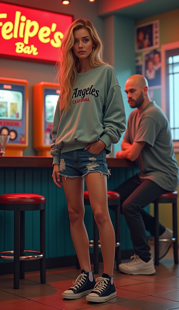 Tall blonde girl with a Los Angeles California sweatshirt and black tennis shoes paired with a round-headed white man with a Columbia shirt in the background, a bar with Pain Balla machines that says Felipe's bar