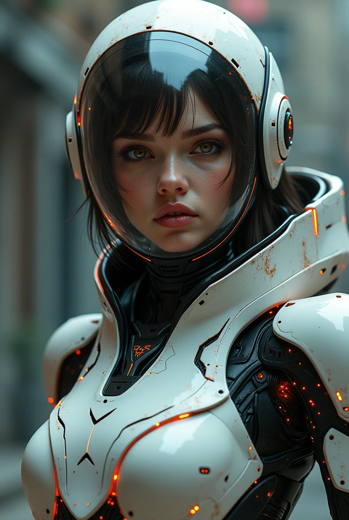 a close up of a woman in a futuristic suit with a helmet on, cyberpunk art inspired by Marek Okon, cgsociety contest winner, digital art, girl in mecha cyber armor, pregnant female cyborg, diverse cybersuits, cybersuit, wearing futuristic armor, wojtek fus, female mecha, sci-fi android female, female cyborg