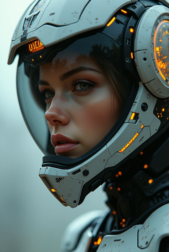 a close up of a woman in a futuristic suit with a helmet on, cyberpunk art inspired by Marek Okon, cgsociety contest winner, digital art, girl in mecha cyber armor, pregnant female cyborg, diverse cybersuits, cybersuit, wearing futuristic armor, wojtek fus, female mecha, sci-fi android female, female cyborg