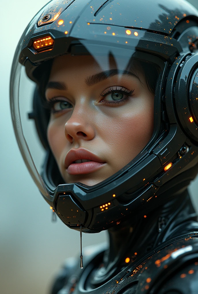 a close up of a woman in a futuristic suit with a helmet on, cyberpunk art inspired by Marek Okon, cgsociety contest winner, digital art, girl in mecha cyber armor, pregnant female cyborg, diverse cybersuits, cybersuit, wearing futuristic armor, wojtek fus, female mecha, sci-fi android female, female cyborg