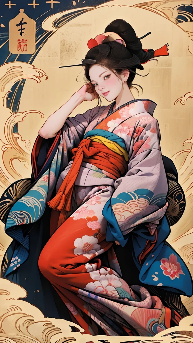 (SeaArt creates stunning digital illustrations of beautiful women in kimono)、A beautiful woman smiles and shows her upper white teeth、Vividly colored Japanese Ukiyo-e style illustrations、Brown-black long hair、Beautiful full body style、If you want to dance, dance along to the Tokyo Ondo, Yoi Yoi、Beautiful new digital paintings,、 Bright vibrant digital anime art、Beautiful anime portraits、The background is the torii gate of a Japanese shrine.、Detailed digital anime art、