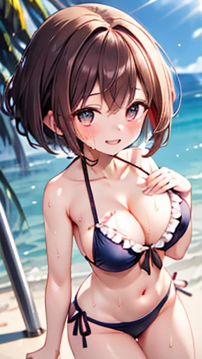 Uraraka Ochako, View your viewers, Cowboy Shot, (From above:1.5) ,(Bright colors:1.3) , (One Girl:1.3), (change:1.2), (Upturned eyes, smile:1.2),, short hair, Brown Hair,(ピンクのFrilled bikini, Frilled bikini:1.5), (Thighs:1.3), (huge chests, chestの谷間:1.3), (chests focus:1.3), Open your mouth, (chest:1.3), Round eyes, (Sweat around, Dripping sweat:1.3), Squall (Wind:1.2), speed, 爽やかなWind, Motion Blur Effect, Wind 壊す background is (Beach:1.3), (Stand in the center of the screen:1.3), Outdoor, Wind 壊す sunlight, Nice views, Particles of light, Dynamic Angle, Dutch Angle, Change your perspective (Daytime, Sunbeam:1.2), Written boundary depth, Bokeh, Light leakage, (chromatic aberration:1.2), 大きいchest