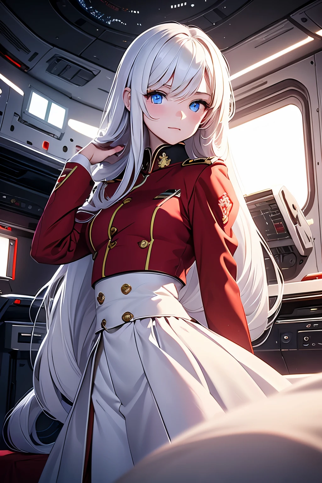 masterpiece,Highest quality,Very detailed,16 talented beautiful girls,Small breasts,White straight hair,Perfect Blue Eyes,very cute,Red military uniform,Sci-fi spaceship interior