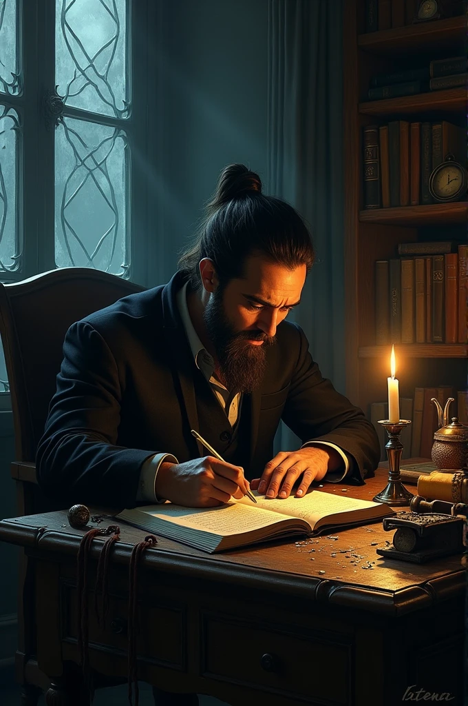 An image of Cesar Davila writing a poem in horror