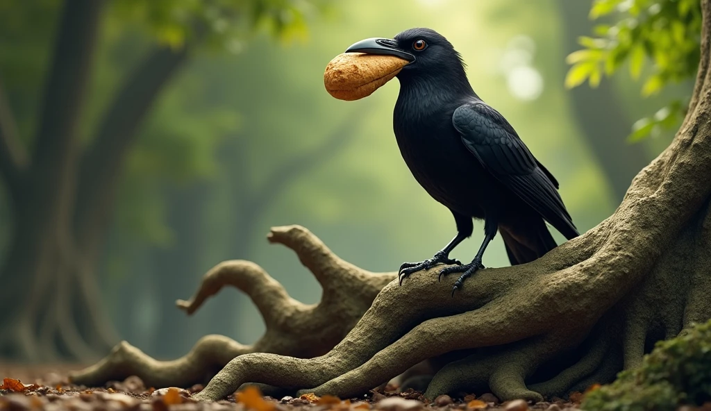 tree root: The crow sits on a new tree, and still has the same piece of bread in its mouth. He has a satisfied smile on his face.