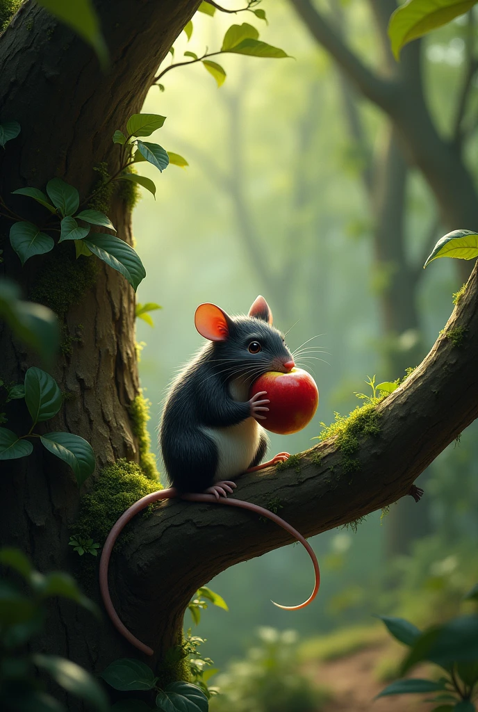 Make a forest in rat eat apple on tree like realistic