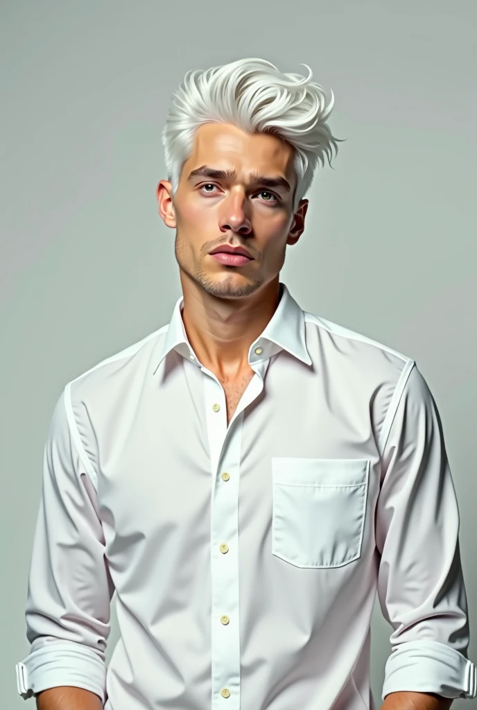 Create a picture of a man with white hair ,white shirt ,full body, Young age