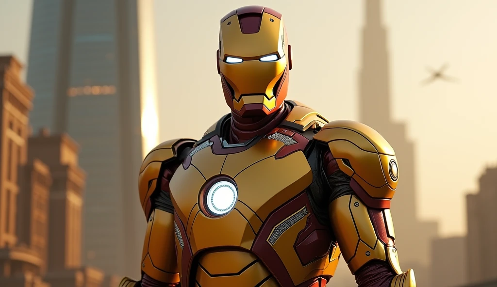 1850's Marvel Avengers character, iron man , vintage golden iron suit, realistic, realistic character, vintage, vintage character, vintage background, male, avengers tower in background, highly detailed, extremely detailed, 8k, masterpiece, ultra-detailed, photorealistic, hdr, studio lighting, physically-based rendering, extreme detail description, vivid colors, dramatic lighting, cinematic, epic
