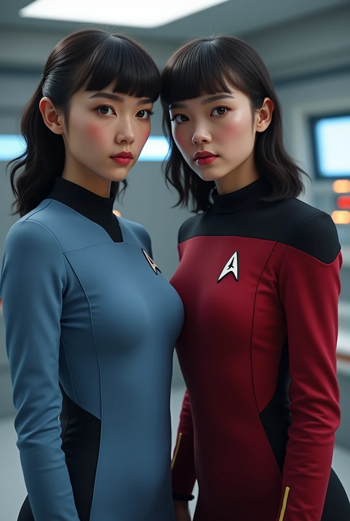  Dr Spock Dr Star trek next to a girl with dark brown wavy mid-length hair, with bangs, With dark brown almond-shaped eyes and a pinkish complexion , thin red lips and with the medical uniform.  the Star Trek 