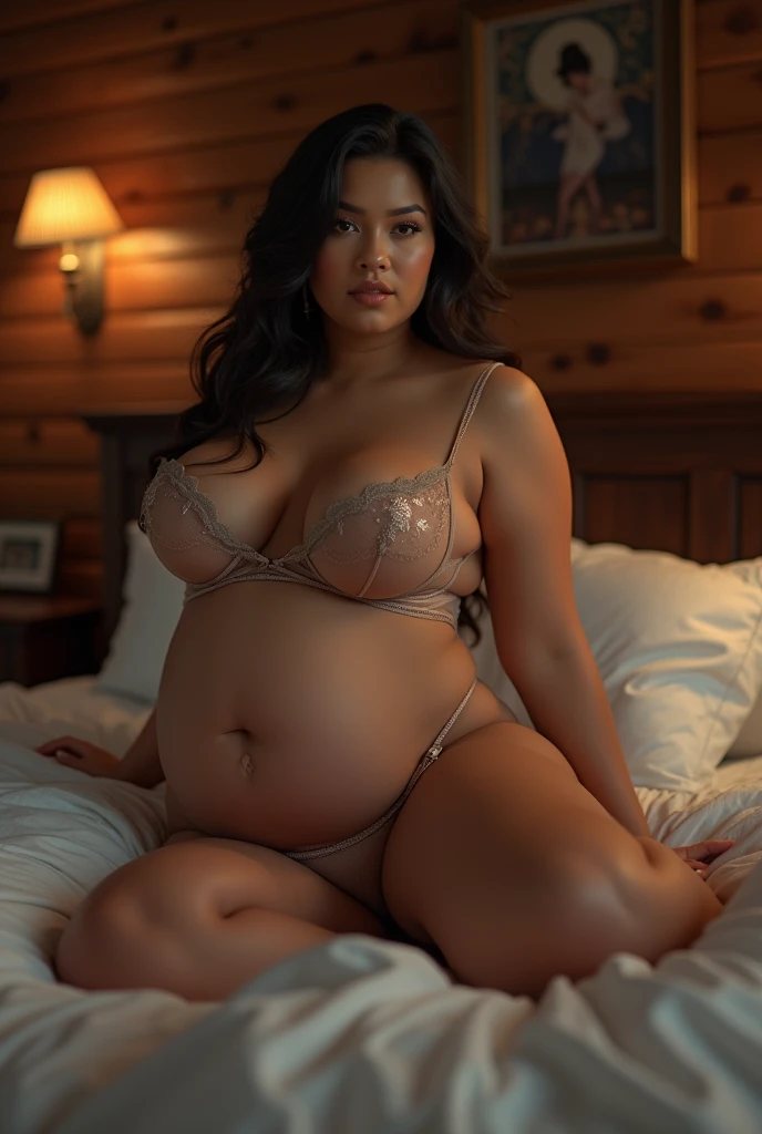 A very hot woman in a sexy tyhosfit in bed naked In a wohouse without a bra