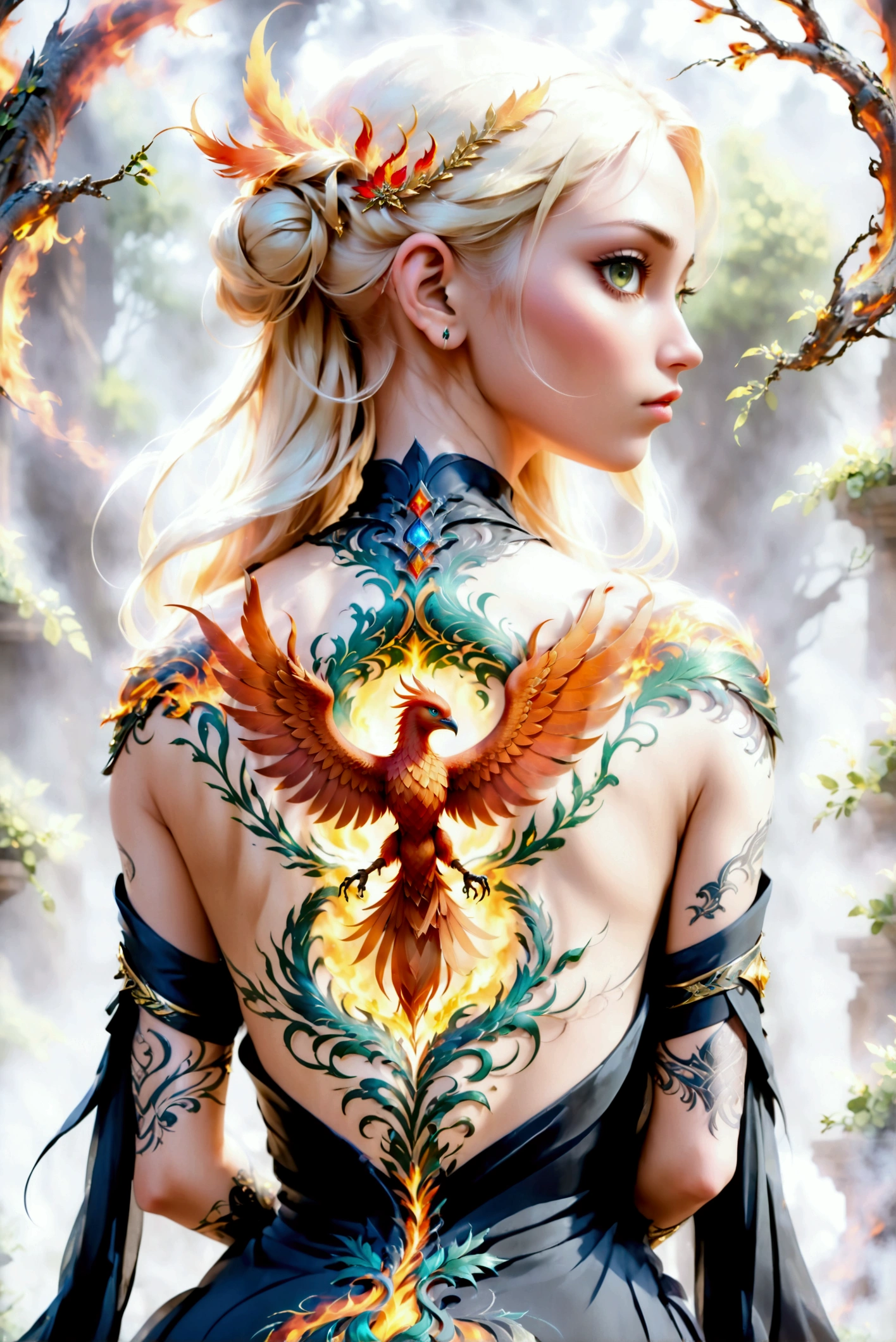 watercolor art, fantasy art, goth art, a picture of a tattoo on the back of a female elf, a glowing tattoo of a ((phoenix: 1.3)) on the elf's back, the ((phoenix tattoo)) is vivid, intricate detailed coming to life from the ink to real life, ((fire surrounds the phoenix: 1.5)), shoot taken from the back, ((the back is visible: 1.3), a most beautiful elf, exquisite beauty, small pointed ears, long hair, she wears a transparent black dress, the dress is elegant, flowing, elven style, that the tattoos glow, blond hair color, dynamic hair style, cinematic light, High Detail, Ultra High Quality, High Resolution, 16K Resolution, Ultra HD Pictures, 3D rendering Ultra Realistic, Clear Details, Realistic Detail, Ultra High Definition,Comistyle, faize, art by mooncryptowow