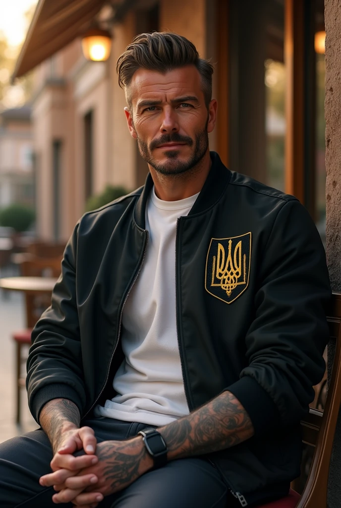(photorealism:1.2), beautiful man, sitting on chair, wearing balck jacket with ukranian coat of arms, white t-shirt, hairstyle like David Beckham in 2016, no tattoos, outdoors, soft lighting, georgian bar background, sunlight, relaxed pose, realistic, intricate details, warm colors, без татуировок на руках