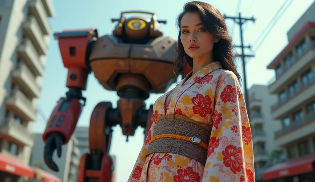 (Masterpiece. Uhd. Photorealistic) an ultra hot gorgeous Swedish woman. Age 23. Voluptuous hourglass body. Gorgeous face. Epic cleavage (100 Dd size)) Wearing a random color expensive Yakata. In cyberpunk retro futuristic Neo Tokyo. A 1930 clunky and rusty evil war robot in the background.