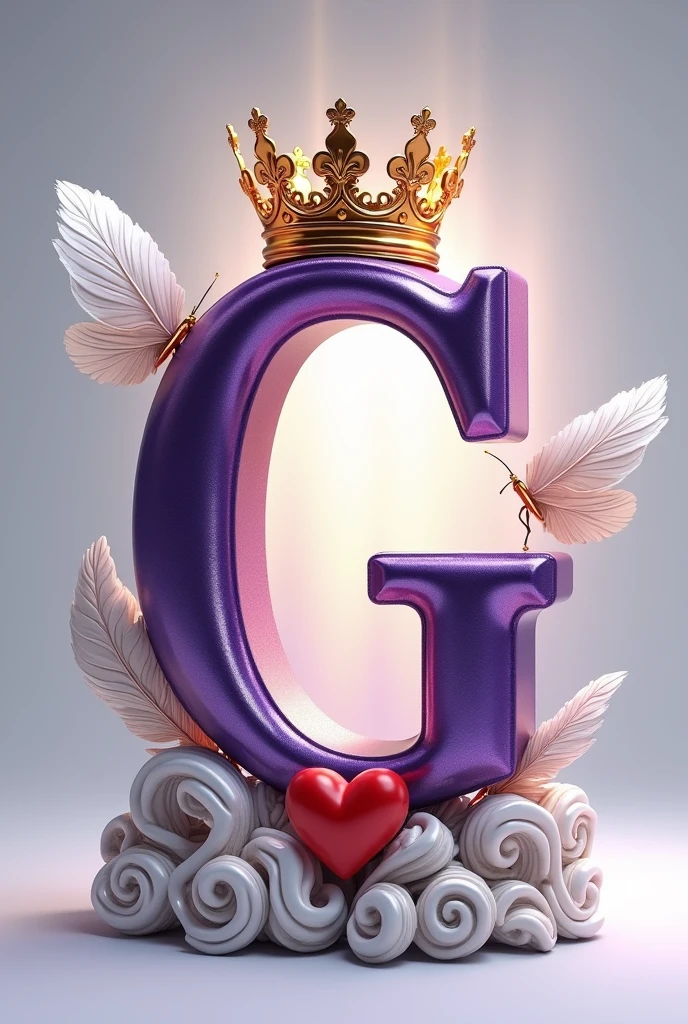 A 3d render of the a capital letter "G" in a purple and gold metallic font with a golden British crown above letter and a white feather and butterfly, with a light shine behind the letter, and a silver swirl underneath. A red heart , The background is a light gray.