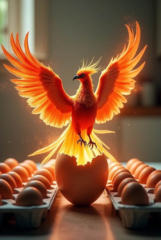 When I cracked the egg, a phoenix appeared、Commercially available egg cartons in the background、