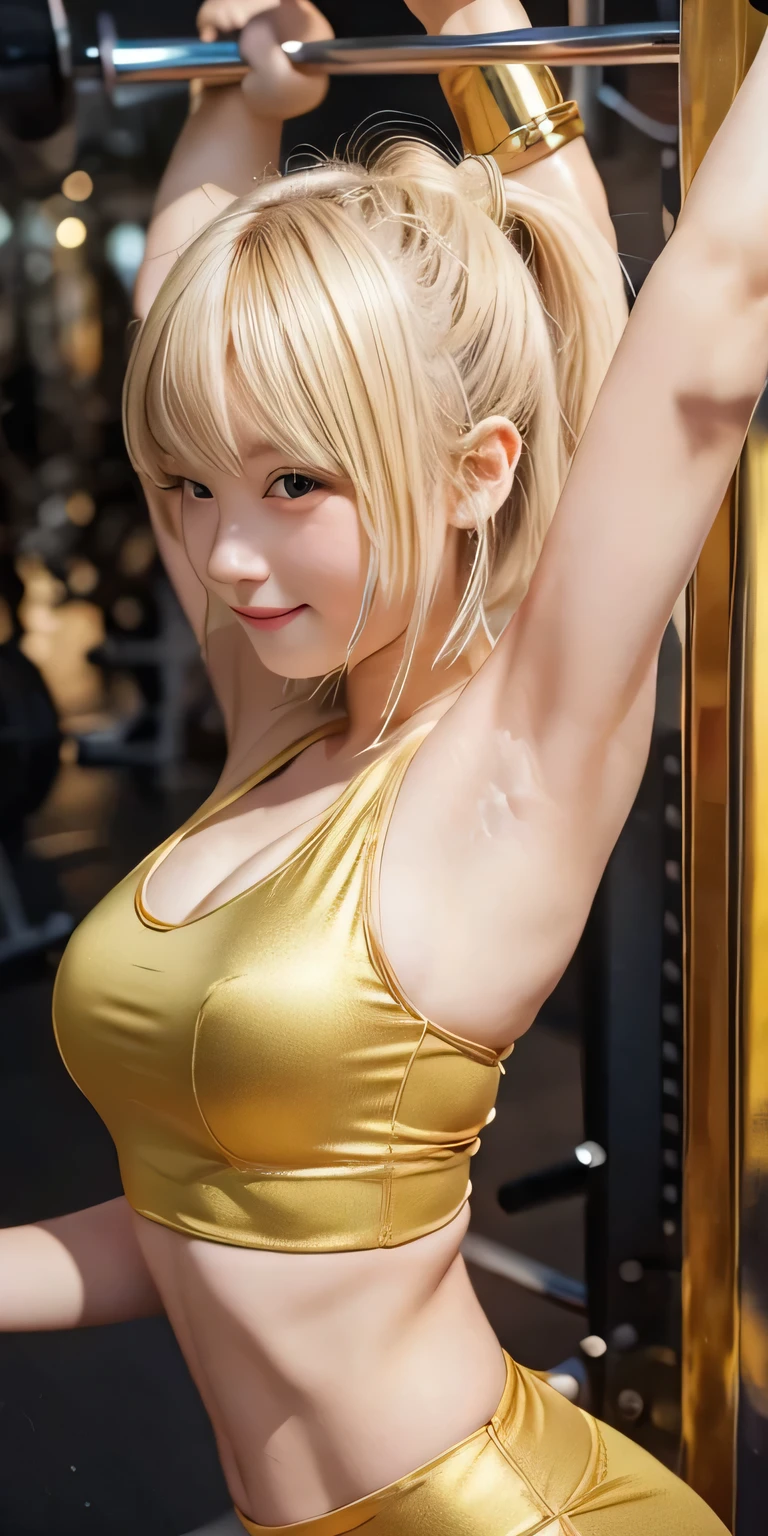 Shortcuts,Blonde girl,Background Gym, smile,Golden armpit hair