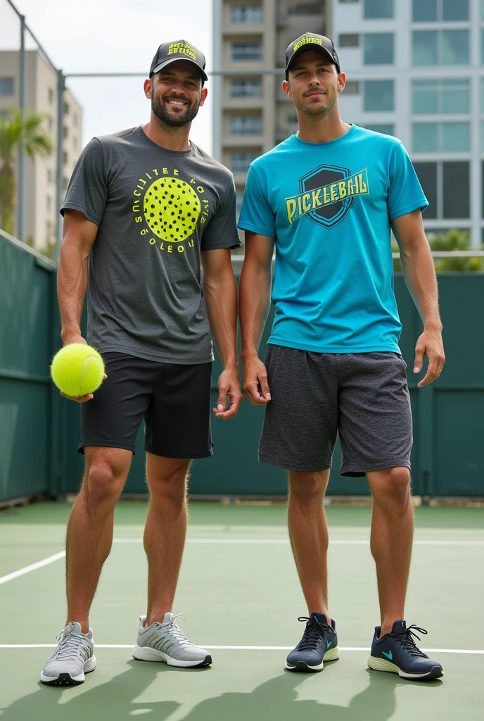 Design a collection of sportswear specifically tailored for pickleball players. Include a comfortable and breathable T-shirt featuring a stylish, active design with pickleball-related graphics. Design a pair of athletic shorts or pants with moisture-wicking fabric, offering flexibility and ease of movement. Include a pair of supportive and lightweight sneakers with good grip and cushioning suitable for pickleball courts. The overall look should be sporty, functional, and appealing, using vibrant colors and modern patterns that reflect the energetic and social nature of the sport