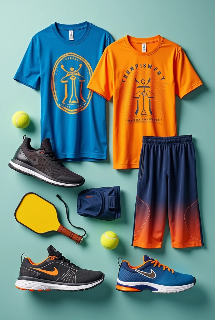 Design a collection of sportswear specifically tailored for pickleball players. Include a comfortable and breathable T-shirt featuring a stylish, active design with pickleball-related graphics. Design a pair of athletic shorts or pants with moisture-wicking fabric, offering flexibility and ease of movement. Include a pair of supportive and lightweight sneakers with good grip and cushioning suitable for pickleball courts. The overall look should be sporty, functional, and appealing, using vibrant colors and modern patterns that reflect the energetic and social nature of the sport