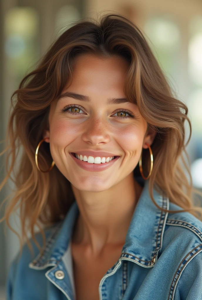 Create a hyper-realistic AI-generated selfie of a young woman in the style of a 1980s yearbook photo. The image should feature soft, pastel colors, a warm and slightly grainy filter, and include details like feathered hair, large hoop earrings, and a denim jacket. The expression should be cheerful and nostalgic, as if capturing a genuine moment from the past.