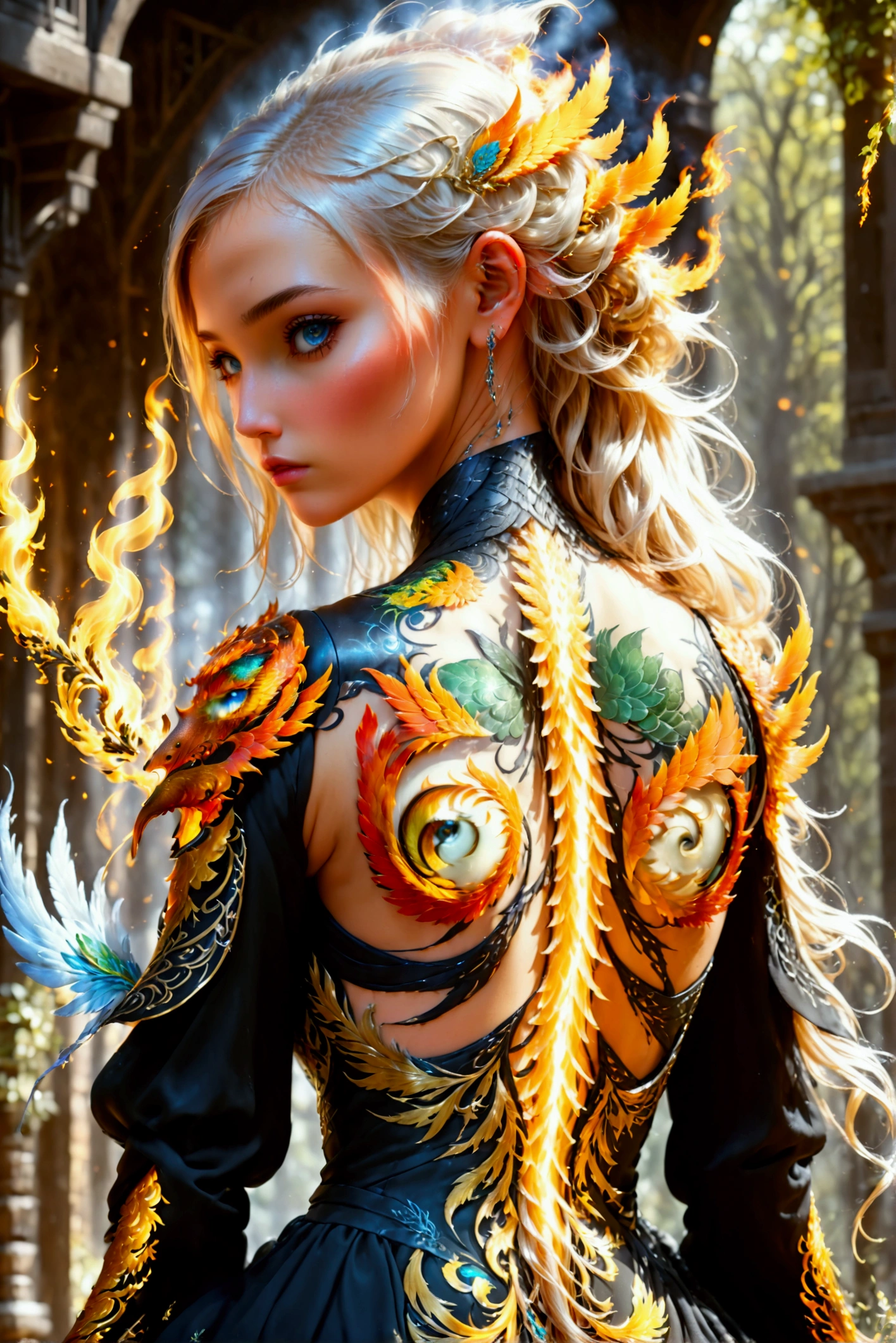 watercolor art, fantasy art, goth art, a picture of a tattoo on the back of a female elf, a glowing tattoo of a ((phoenix: 1.3)) on the elf's back, the ((phoenix tattoo)) is vivid, intricate detailed coming to life from the ink to real life, ((fire surrounds the phoenix: 1.5)), shoot taken from the back, ((the back is visible: 1.3), a most beautiful elf, exquisite beauty, small pointed ears, long hair, she wears a transparent black dress, the dress is elegant, flowing, elven style, that the tattoos glow, blond hair color, dynamic hair style, cinematic light, High Detail, Ultra High Quality, High Resolution, 16K Resolution, Ultra HD Pictures, 3D rendering Ultra Realistic, Clear Details, Realistic Detail, Ultra High Definition,Comistyle, faize, art by mooncryptowow