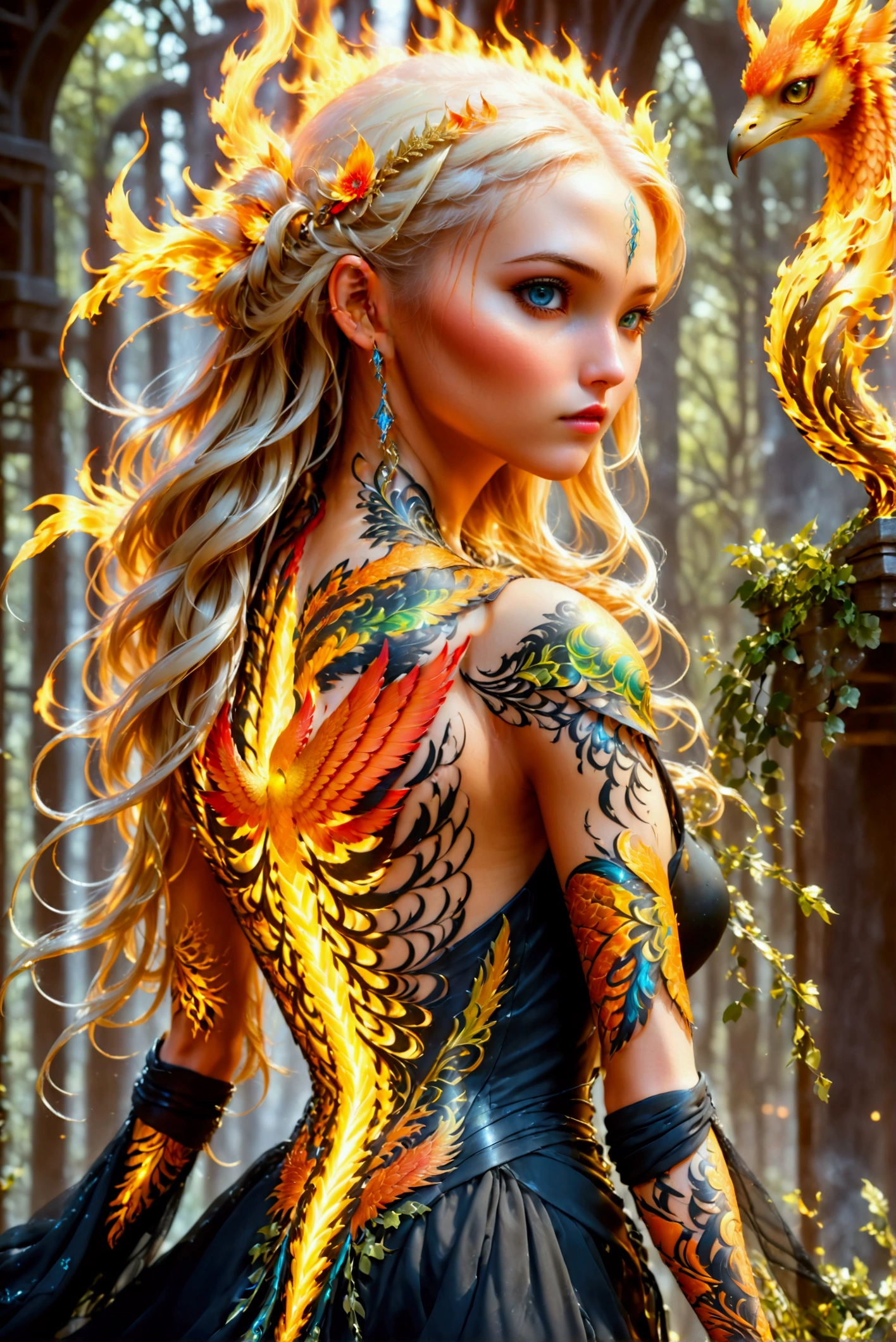 watercolor art, fantasy art, goth art, a picture of a tattoo on the back of a female elf, a glowing tattoo of a ((phoenix: 1.3)) on the elf's back, the ((phoenix tattoo)) is vivid, intricate detailed coming to life from the ink to real life, ((fire surrounds the phoenix: 1.5)), shoot taken from the back, ((the back is visible: 1.3), a most beautiful elf, exquisite beauty, small pointed ears, long hair,  she wears a transparent black dress, the dress is elegant, flowing, elven style, that the tattoos glow, blond hair color, dynamic hair style, cinematic light, High Detail, Ultra High Quality, High Resolution, 16K Resolution, Ultra HD Pictures, 3D rendering Ultra Realistic, Clear Details, Realistic Detail, Ultra High Definition,Comistyle, faize, art by mooncryptowow