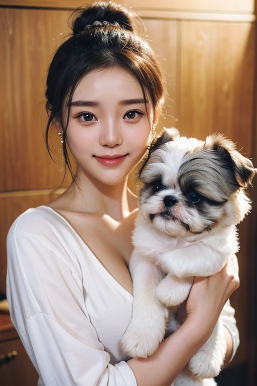 (2 pure Japanese girl,), (Small breasts:1.5,),(solo,,Textured skin, Detailed skin,Detailed face,Detailed eyes,detailed posing,Natural eyebrows,Sparkling Eyes,High detail, Highest quality, Super detailed, Surrealism, ,8k,RAW Photos,Photographicism,Professional Lighting,Ray Tracing,Portrait Photography,Soft Light),(((Black Hair, Natural Makeup,Simple earrings, Bun Hair,smile))),(((Holding a white puppy,Shih Tzu))