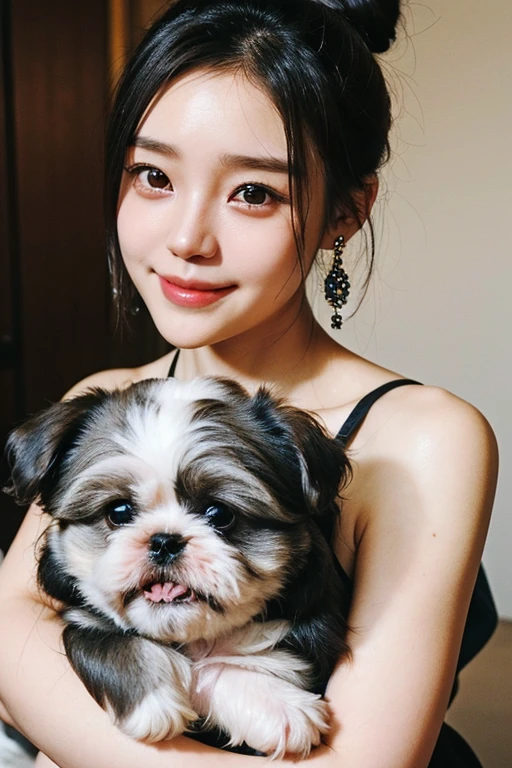 (2 pure Japanese girl,), (Small breasts:1.5,),(solo,,Textured skin, Detailed skin,Detailed face,Detailed eyes,detailed posing,Natural eyebrows,Sparkling Eyes,High detail, Highest quality, Super detailed, Surrealism, ,8k,RAW Photos,Photographicism,Professional Lighting,Ray Tracing,Portrait Photography,Soft Light),(((Black Hair, Natural Makeup,Simple earrings, Bun Hair,smile))),(((Holding a white puppy,Shih Tzu))
