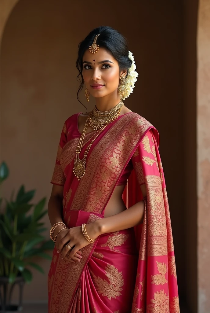 Create a tamil bridal kancheepuram silk saree reception look for tan skin brides with pear body shape with small breast