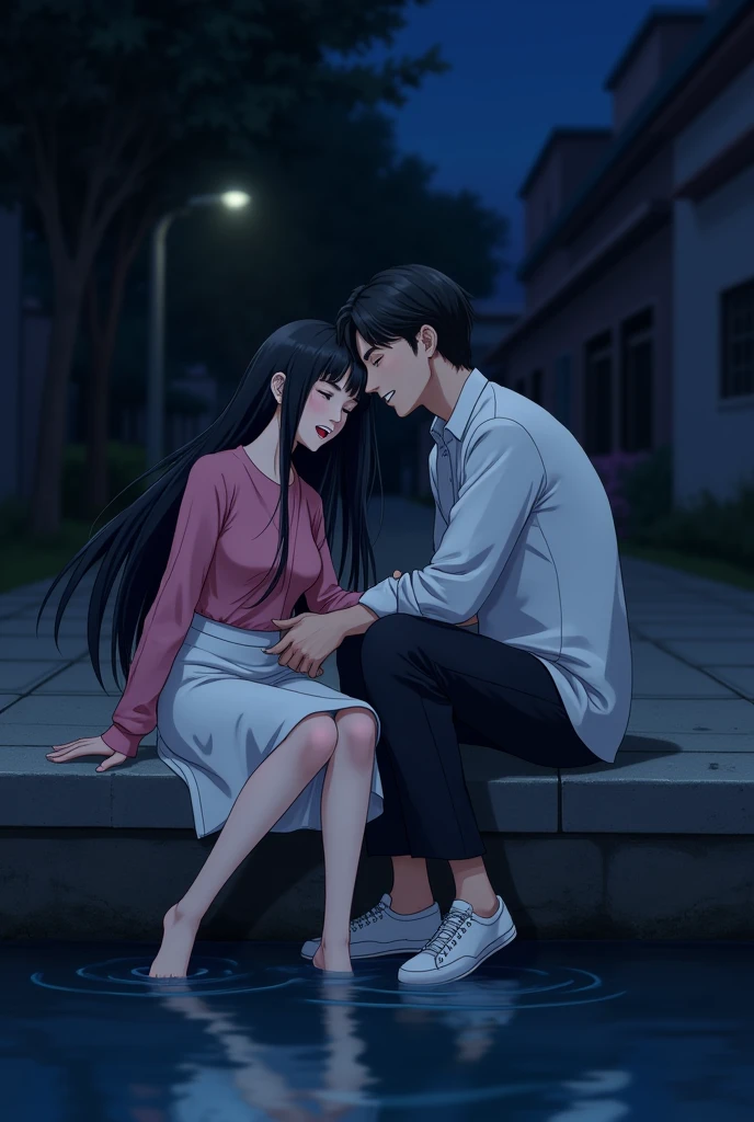 girl has black long hair and is pretty.she is wearing a pink top,a white skirt and blue shoes.he has black hair.He wears white shoes,white pants and a black shirt.the two are sitting by the water she holds her hand in the water.he holds her tight and laughs.it&#39;s night.they sit on a canal.the water is one meter below you 
