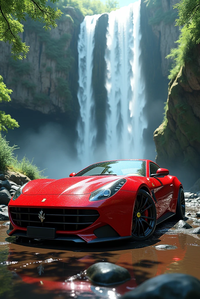 A red car with beautiful water fall