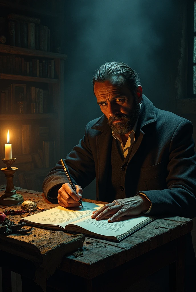 An image of Cesar Davila writing a terrifying poem
