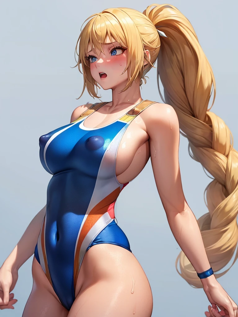 (White background, 1girl:1.4), BREAK,Long blonde hair, blue eyes,Narrow waist,voluptuous Breasts,(one-piece competitive swimwear,one-piece competition swimsuit:1.6), blush,Open your mouth,(covered nipples:1.2)
