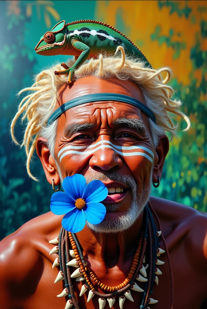 Portrait painting of an old native white man with a bone in his nose.Cheveux court avec des locks blond portant un bandeau de peinture sur les yeux .Tribal face tattoo. Avec un collier de dent de requin autour du coup. Holding a blue flower in mouth very colorful tropical. square face. With a chameleon on his head