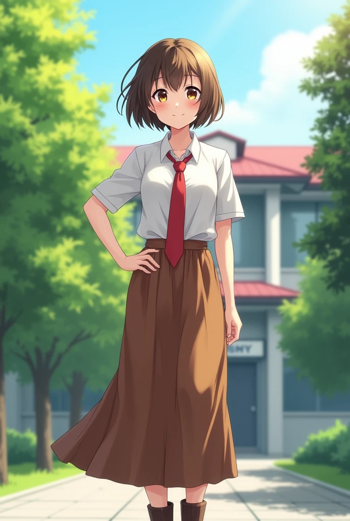 1 girl with very small breasts ,16 years , Short brown hair, brown eyeswhite uniform shirt, Red tie, brown maxi skirt, boots, free pose, looking at the camera, nice smile, against the backdrop of the academy building, around the park