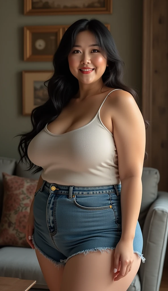(RAW photo), (Realistic), (photo-realistic), ultra high resolution, masterpiece, highest quality, portrait, facial portrait, perfect lighting, detailed lighting, dramatic shadow, ray tracing, 1 Japanese beautiful mature lady, 40 years old, Voluptuous, cleavage, plump body type, symmetrical eyes, beautiful detailed brown eyes, chubby lips, red lips, Super high resolution perfect beautiful teeth, ((big tits:1.2)), big ass, big thick thighs, long wavy hair, black hair, half open mouth, smiling, looking at viewer, (Camisole:1.2), (denim mini skirt:1.2), in living room,