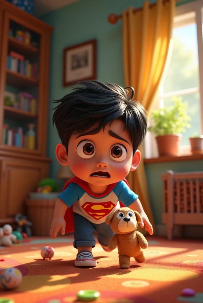 Latino boy looking for his stuffed animal everywhere in his house without finding it, Pixar style 