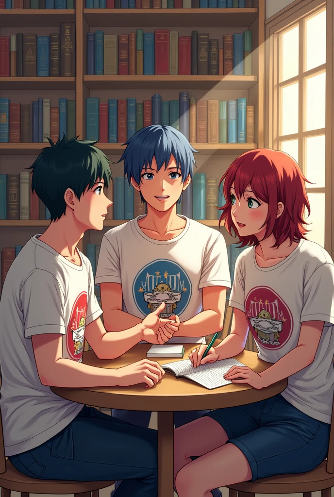 5 personnes discutant dans une pièce remplie de livres avec des T-Shirts marqués "otaku Squad".