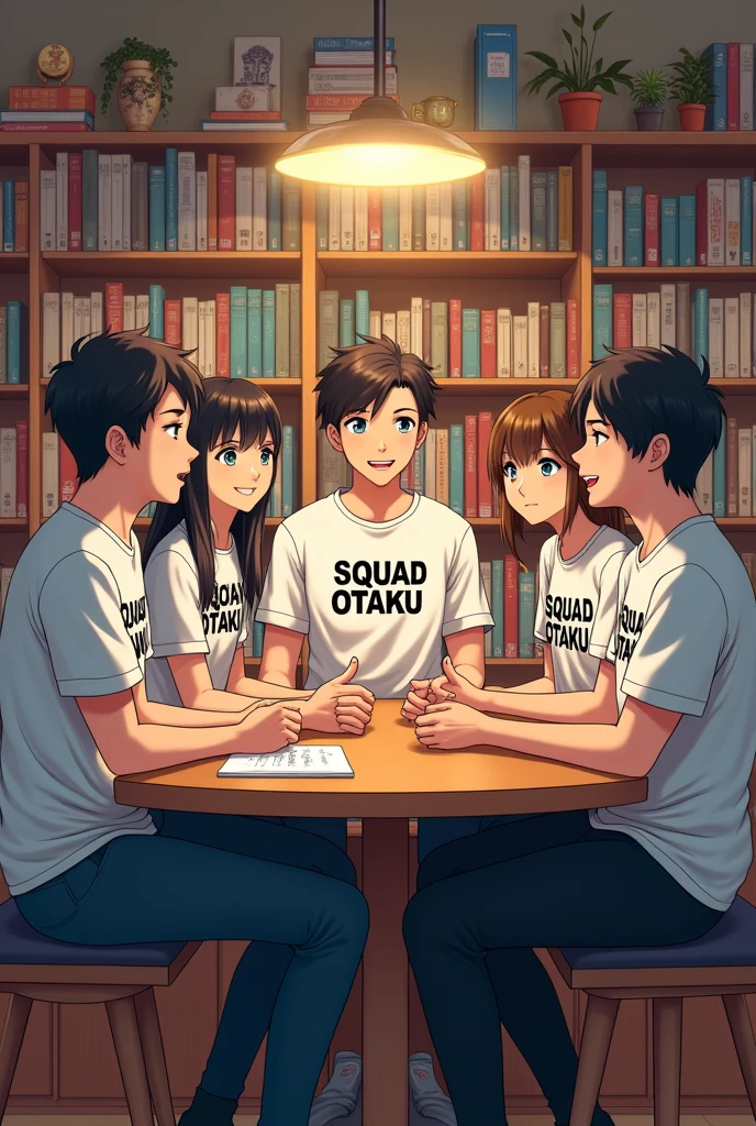 5 personnes discutant dans une pièce remplie de livres avec des T-Shirts marqués "otaku Squad".