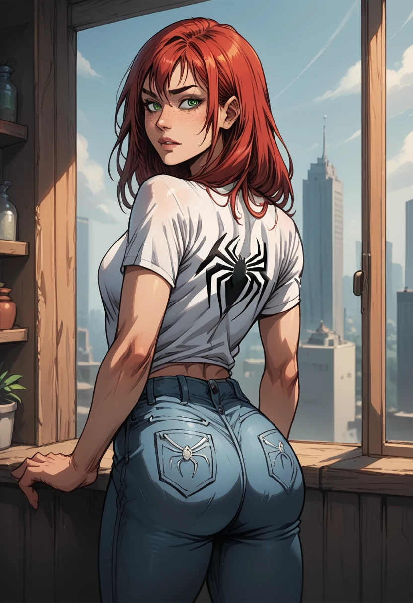 score_9, score_8_up, score_7_up, BREAK, score_9, MJW, long hair, freckles, green eyes, red hair, white shirt with spiderman logo, spiderman logo, short sleeves, jeans pants, looking at viewer, cowboy shot, ass, from behind, bedroom