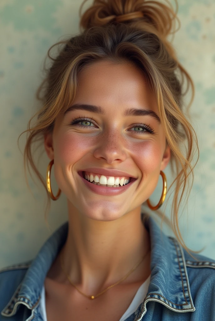 Create a hyper-realistic AI-generated selfie of a young woman in the style of a 1980s yearbook photo. The image should feature soft, pastel colors, a warm and slightly grainy filter, and include details like feathered hair, large hoop earrings, and a denim jacket. The expression should be cheerful and nostalgic, as if capturing a genuine moment from the past.