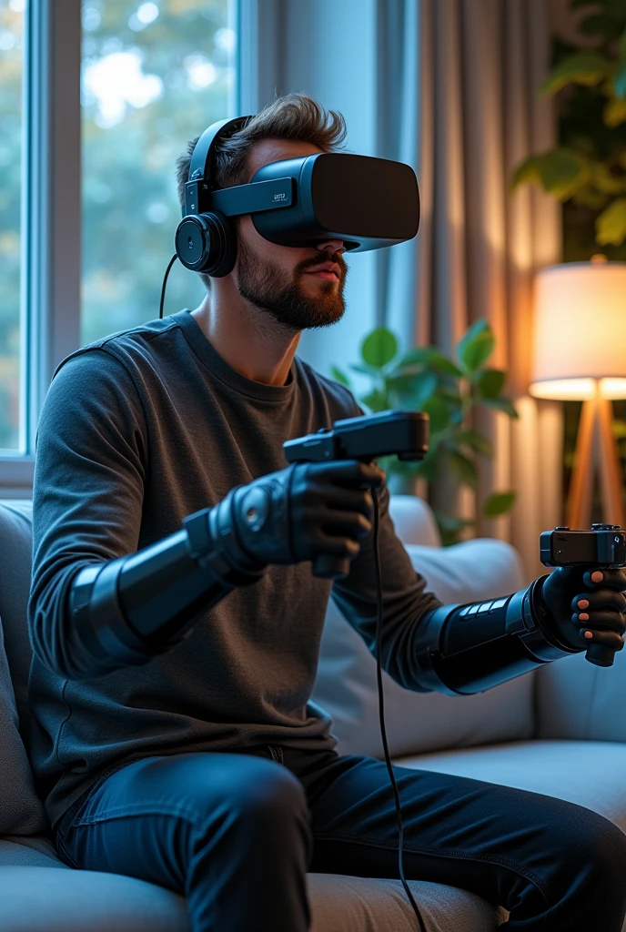 A man playing game with the help of vr by using extra gaming setup in his arms and legs