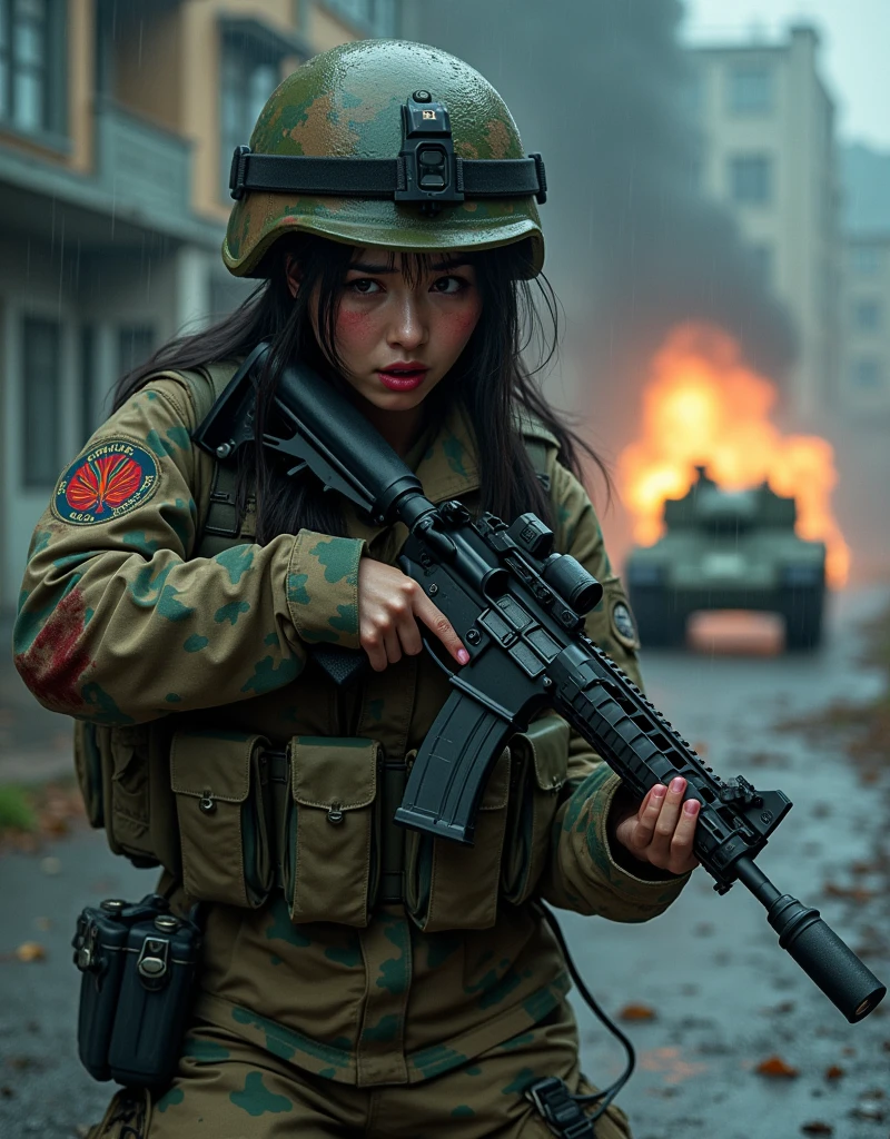 Photo-realistic, ultra-realistic, (very beautiful Japanese, famous Japanese idol:1.3), (Fully equipped for battle:1.5), holding m4a1 large assault rifle, (amazing view of A building and tank destroyed by a missile explosion:1), (she is very scared and crying:1), (wearing an army soldier's Camouflage outfits with military helmet:1.5), (at a battle field of Abandoned Building at night), very large breasts, (tactical vest, military harness:1.3), (military long boots:1), acrobatic pose, Fighting urban warfare, dynamic angle, spectacular, Nimble movements, Sharp turns, (aim and shoot toward viewers:1.3), bloodstained wears, injured, rain, at night