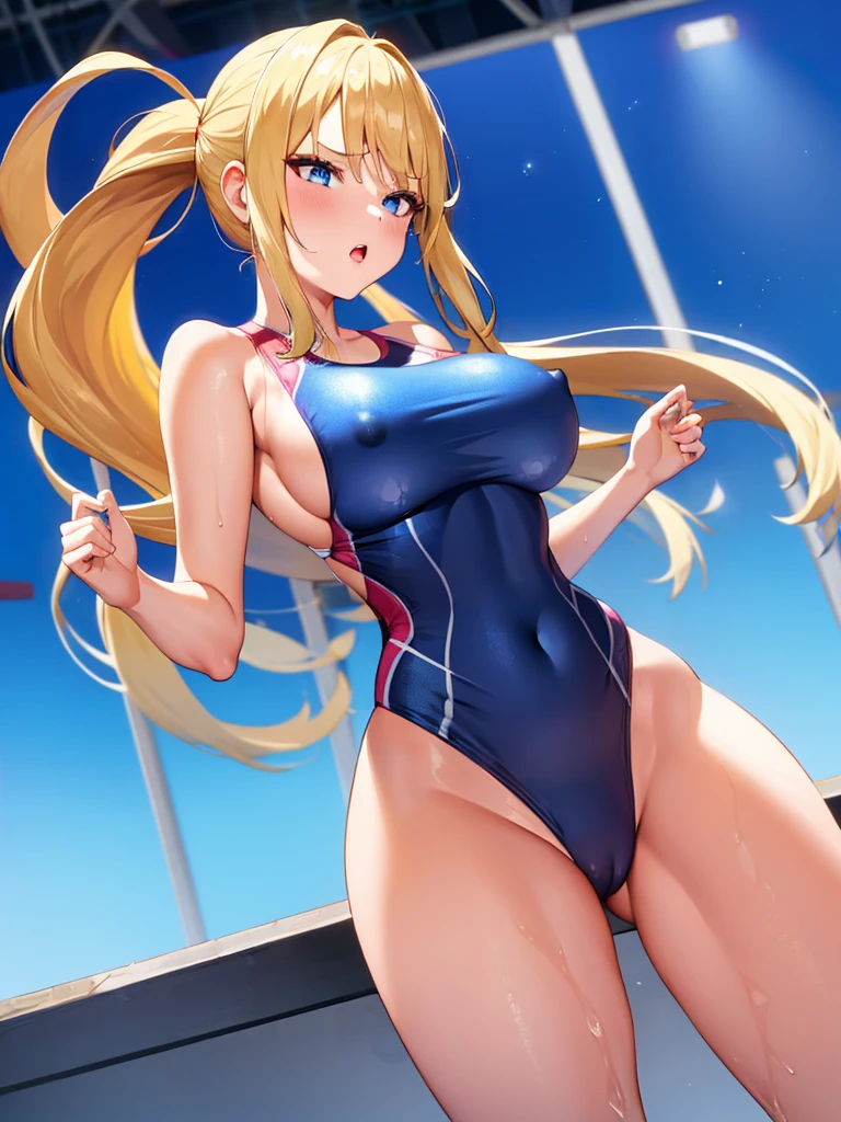 (White background, 1girl:1.4), BREAK,Long blonde ponytail hair, blue eyes,Narrow waist,voluptuous Breasts,(one-piece competitive swimwear,one-piece competition swimsuit:1.6), blush,Open your mouth,(covered nipples:1.2)