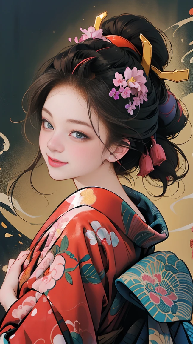 (SeaArt creates stunning digital illustrations of beautiful women in kimono)、A beautiful woman smiles and shows her upper white teeth、Vividly colored Japanese Ukiyo-e style illustrations、Brown-black long hair、Beautiful full body style、If you want to dance, dance along to the Tokyo Ondo, Yoi Yoi、Beautiful new digital paintings,、 Bright vibrant digital anime art、Beautiful anime portraits、The background is the torii gate of a Japanese shrine.、Detailed digital anime art、