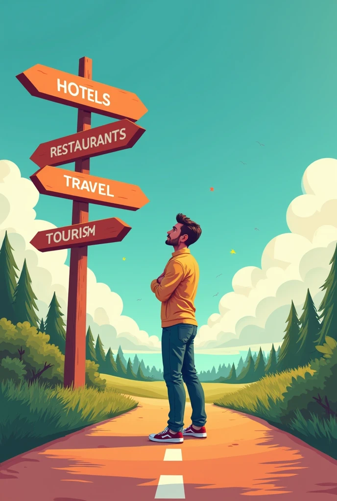 The image depicts a man standing at a crossroads, with a signpost pointing towards various aspects of the hospitality industry, including hotels, restaurants, travel, and tourism. The man is looking towards the right, which suggests that he is considering his options and deciding which path to take. The image is colorful and vibrant, with a cartoonish style that suggests a playful and optimistic outlook on the hospitality industry. The overall message is that the hospitality industry offers a wide range of opportunities and possibilities.