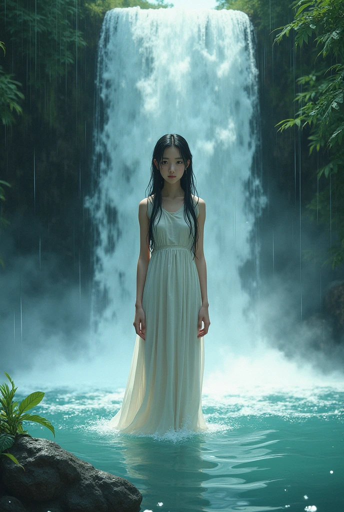 Japanese girl, . She is wearing a white one-piece dress. She is standing in a waterfall basin and is receiving the falling water current of the waterfall on her body. She is looking at us with an expression of endurance. The camera is positioned as if looking up at the person and the waterfall from the surface of the water.